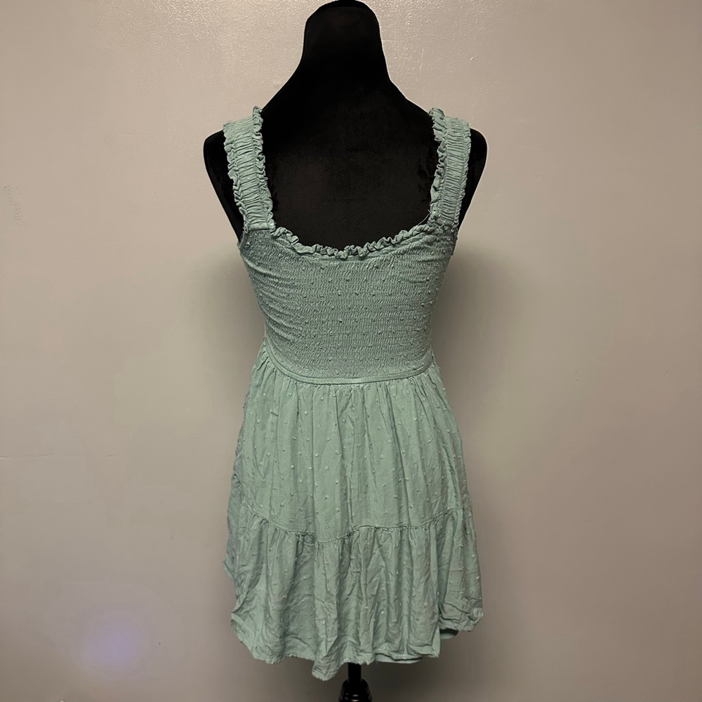 Women's MINE Green Smocked Tiered Mini Dress with Bow Size medium babydoll fairy - Picture 4 of 9